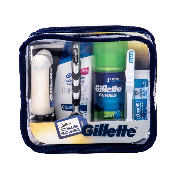 Gillette Mach3 Travel Kit Set cadou aparat de ras 1 buc + spuma de barbierit 75 ml + balsam after shave 75 ml + sampon 90 ml + pasta de dinti 15 ml + periuta de dinti 1 buc