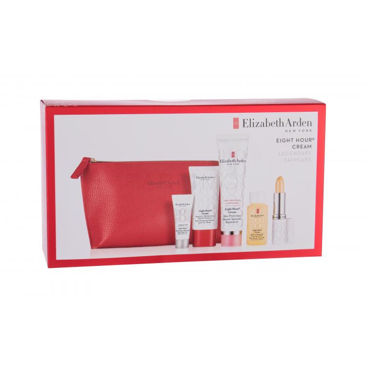 Elizabeth Arden Eight Hour Cream Skin Protectant Set cadou lotiune de corp 50 ml + crema de maini 30 ml + ulei hidratant 30 ml + balsam de buze SPF15 3.7 g + lotiune protectoare hidratanta Great 8 SPF35 5 ml + geanta cosmetica