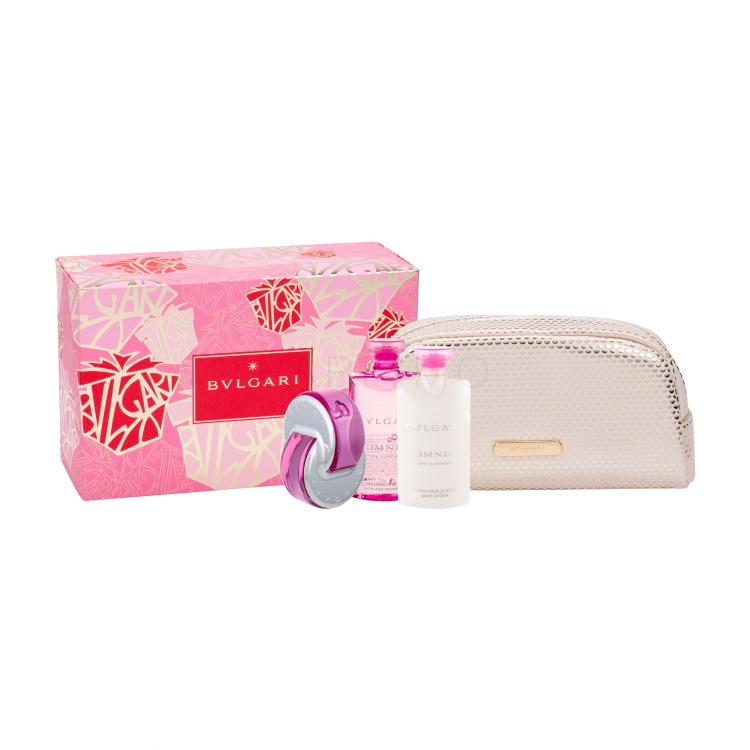 Bvlgari Omnia Pink Sapphire Set cadou apa de toaleta 65 ml + lotiune de corp 75 ml + gel de dus 75 ml + geanta cosmetica Cutie cu defect