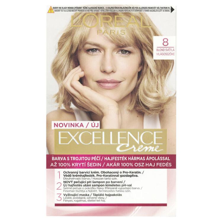 L&#039;Oréal Paris Excellence Creme Triple Protection Vopsea de păr pentru femei 48 ml Nuanţă 8 Natural Light Blonde
