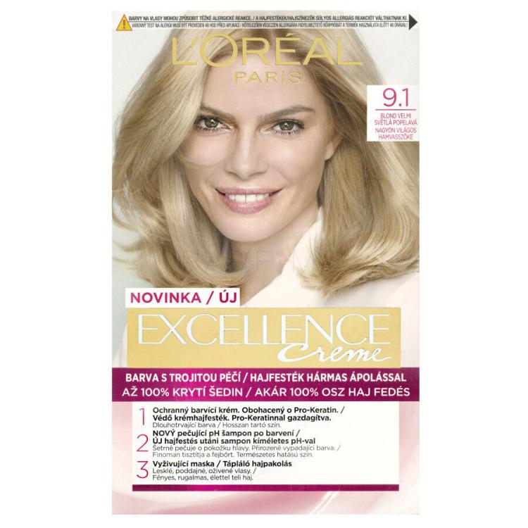 L&#039;Oréal Paris Excellence Creme Triple Protection Vopsea de păr pentru femei 48 ml Nuanţă 9,1 Natural Light Ash Blonde