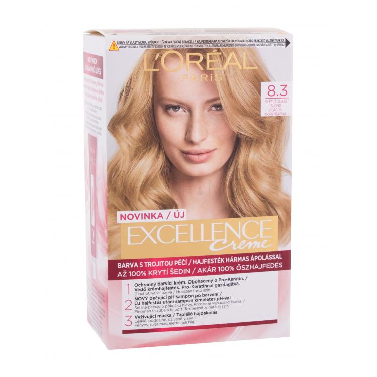 L&#039;Oréal Paris Excellence Creme Triple Protection Vopsea de păr pentru femei 48 ml Nuanţă 8,3 Natural Light Golden Blonde