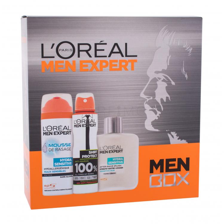 L&#039;Oréal Paris Men Expert Hydra Sensitive Set cadou Loțiune după ras Men Expert Hydra Sensitive 100 ml + Spumă de ras Men Expert Hydra Sensitive  200 ml + antiperspirant Men Expert Shirt Protect 150 ml