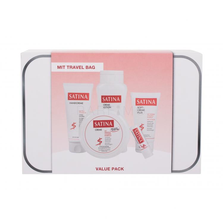 Satina Cream Set cadou cremă de corp Cremă 150 ml + loțiune de corp Cremă de loțiune 200 ml + Cremă de mâini 100 ml + cremă de ten Soft Cream Plus 75 ml + balsam de buze Lip Care Stick 4,8 g + geantă cosmetică