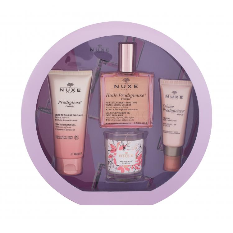 NUXE Huile Prodigieuse Florale Set cadou ulei uscat Ulei Prodigieuse Florale 100 ml + gel de duș Prodigieux Floral 100 ml + gel crema Créme Prodigieuse Boost 40 ml + lumânare Prodigieux Floral 70 g