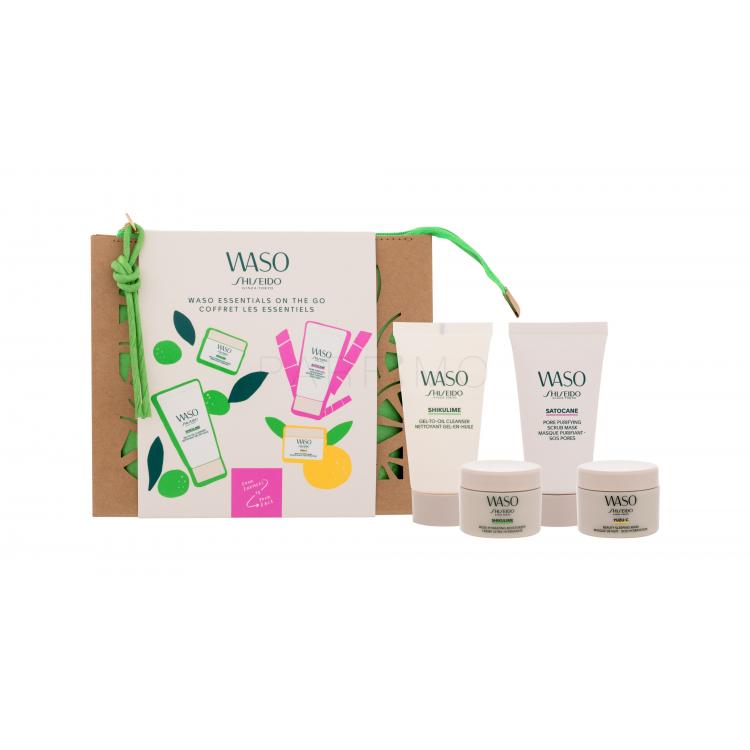 Shiseido Waso Essentials On The Go Set cadou Cremă de față Waso Shikulime 15 ml + gel de curățare Waso Shikulime 30 ml + mască de noapte Waso Yuzu-C 15 ml + mască exfoliantă Waso Satocane 30 ml + geantă cosmetică