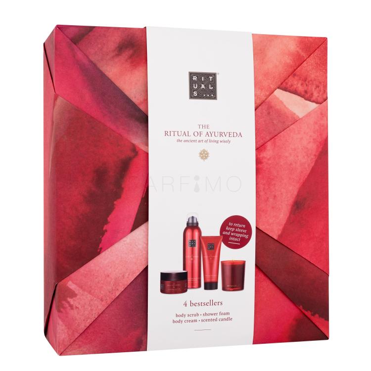 Rituals The Ritual Of Ayurveda 4 Bestsellers Set cadou Spumă de duș The Ritual Of Ayurveda 200 ml + loțiune de corp The Ritual Of Ayurveda 100 ml + exfoliant de corp The Ritual Of Ayurveda 125 g + lumânare parfumată