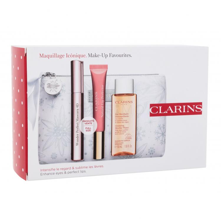 Clarins Wonder Perfect 4D Set Set cadou Mascara Wonder Perfect Mascara 4D 8 ml + luciu de buze Natural Lip Perfector 12 ml 01 Rose Shimmer + apă micelară + geantă cosmetică