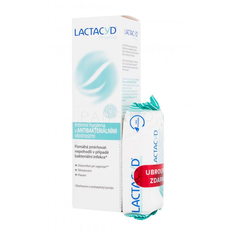 Lactacyd Pharma Antibacterial Set cadou Gel de curățare intim antibacterian Pharma Anti-Bacterial 250 ml + șervețele intime Pharma Anti-Bacterial 15 buc