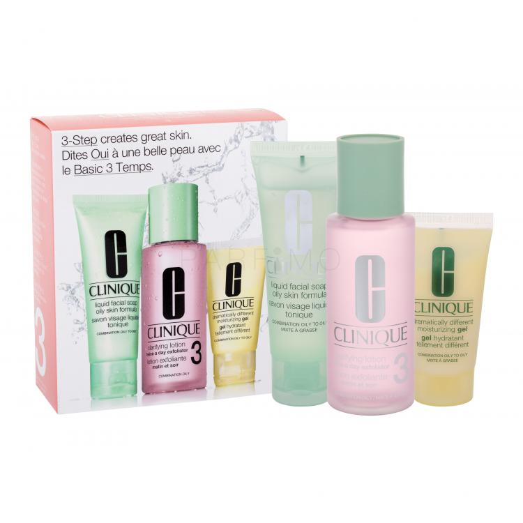 Clinique 3-Step Skin Care Set cadou Lotiune tonica Clarifying Lotion 3 100 ml + Sapun All About Clean Liquid Facial Soap Oily Skin 50 ml + Gel hidratant Dramatically Different 30 ml