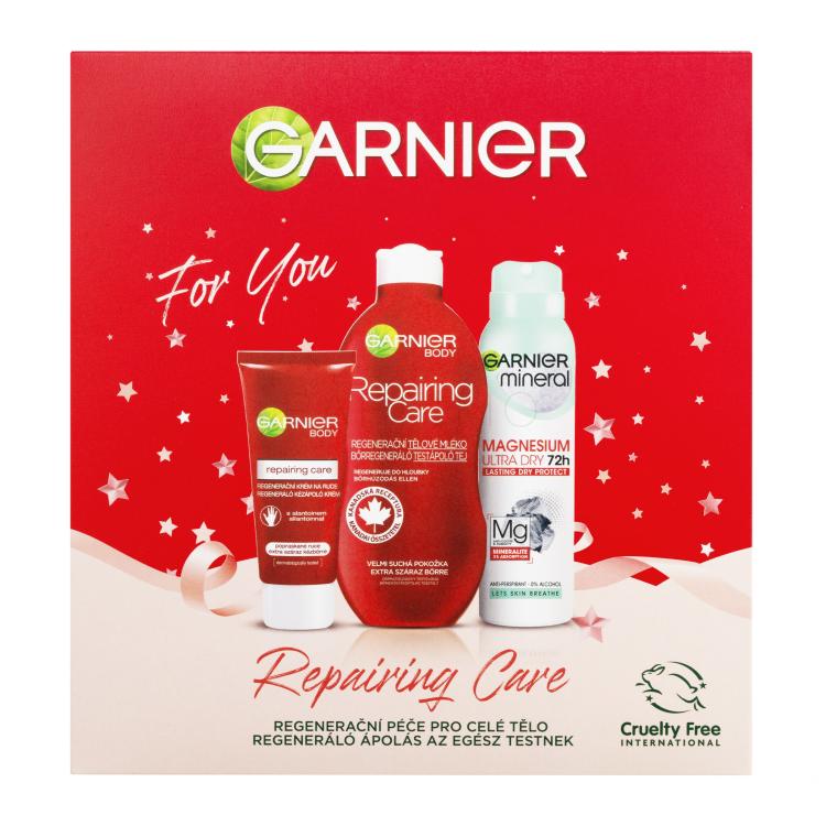 Garnier Repairing Care Gift Set Set cadou Cremă de corp Repairing Care 400 ml + cremă de mâini Intensive Care Repairing Hand Cream 100 ml + deodorant Mineral Magnesium Ultra Dry 72h 150 ml