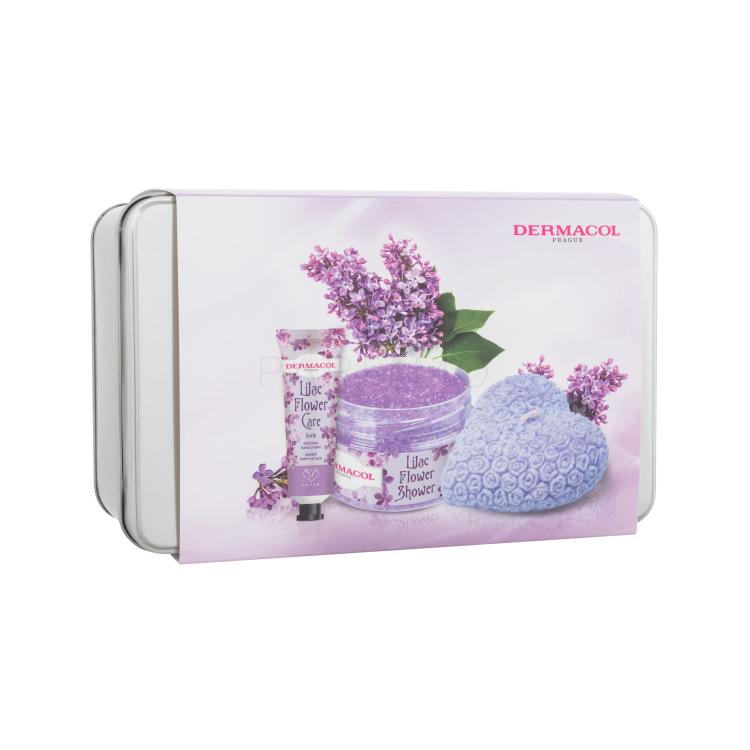 Dermacol Lilac Flower Shower Body Scrub Set cadou Exfoliant de corp Lilac Flower Shower 200 g + cremă de mâini Lilac Flower Care 30 ml + lumânare parfumată + cutie de metal