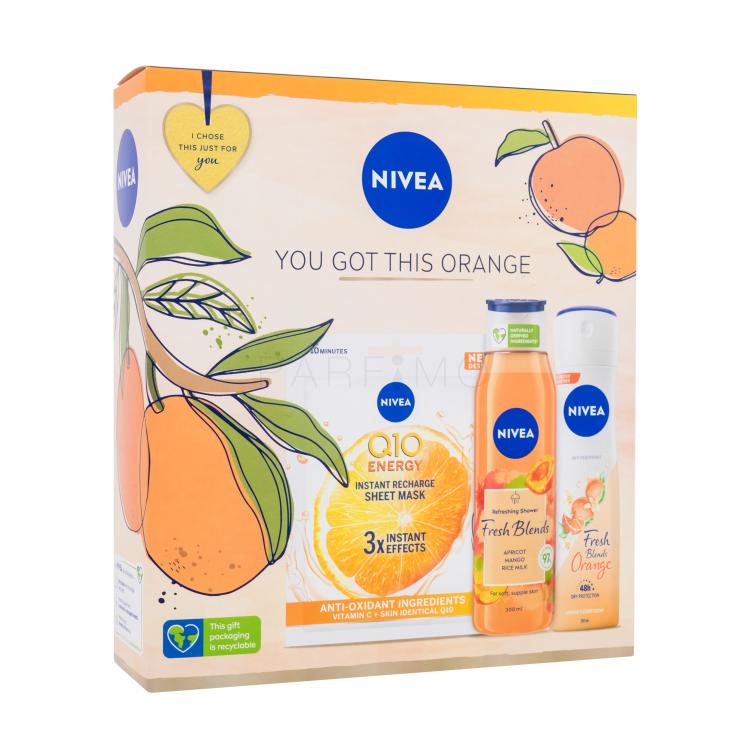 Nivea You Got This Orange Set cadou Gel de duș Fresh Blends Apricot 300 ml + antiperspirant Fresh Blends Orange 150 ml + mască de față Q10 1 buc
