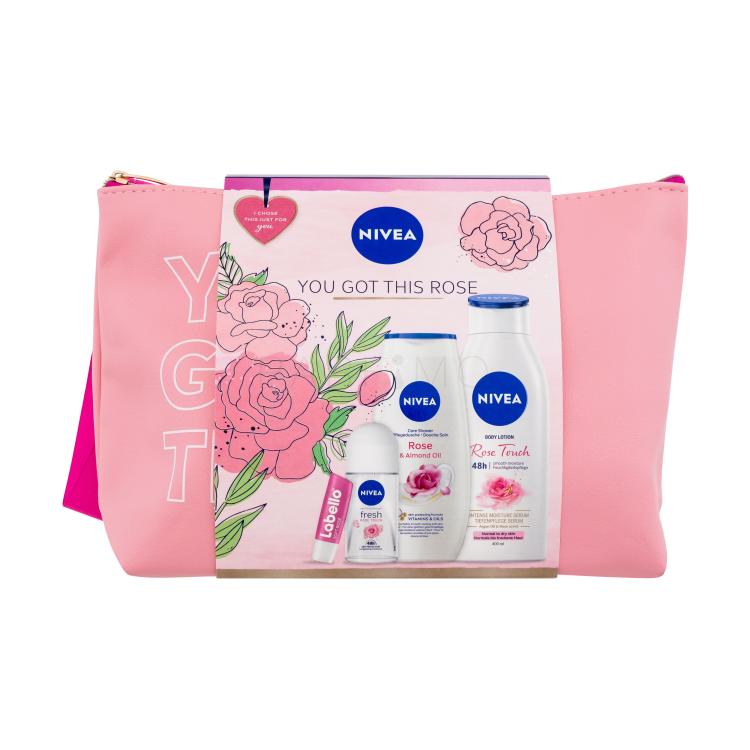 Nivea You Got This Rose Set cadou Gel de duș Rose &amp; Almond Oil 250 ml + loțiune de corp Rose Touch 400 ml + antiperspirant Rose Touch 50 ml + balsam de buze Labello Soft Rosé 4,8 g + geantă cosmetică