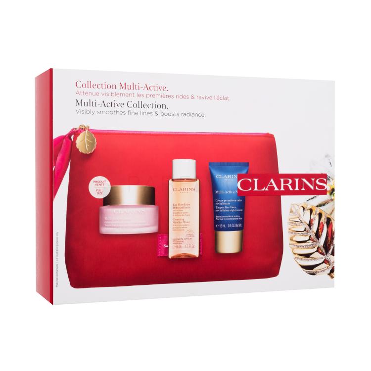 Clarins Multi-Active Collection Set cadou Cremă de zi pentru față Multi-Active Day 50 ml + cremă de noapte Multi-Active Night 15 ml + apă micelară Cleansing Micellar Water 50 ml + geantă cosmetică