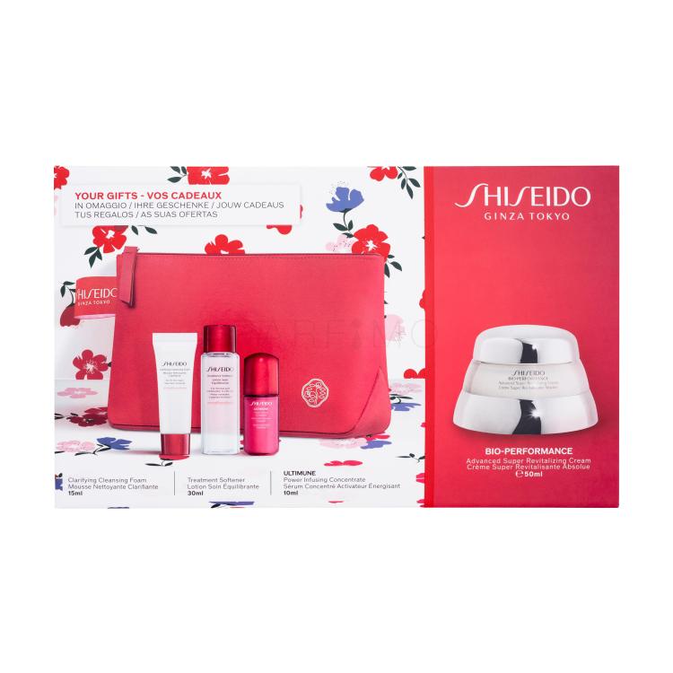 Shiseido Bio-Performance Time Fighting Program Set cadou Cremă de zi pentru față Bio-Performance Advanced Super Revitalizing Cream 50 ml + ser pentru față Ultimune Power Infusing Concentrate 10 ml + spumă pentru curățarea feței Clarifying Cleansing Foam 15 ml + loțiune facială Treatment Softener 30 