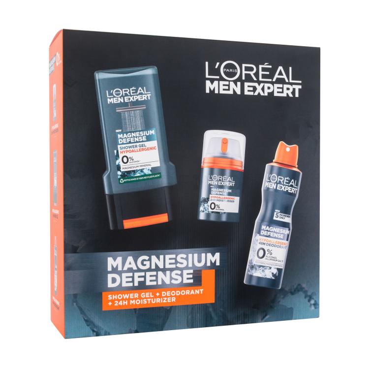 L&#039;Oréal Paris Men Expert Magnesium Defence Set cadou Cremă de zi Men Expert Magnesium Defence 24h Moisturizer 50 ml + deodorant Men Expert Magnesium Defence 150 ml + gel de duș Men Expert Magnesium Defence Shower Gel 300 ml Cutie cu defect