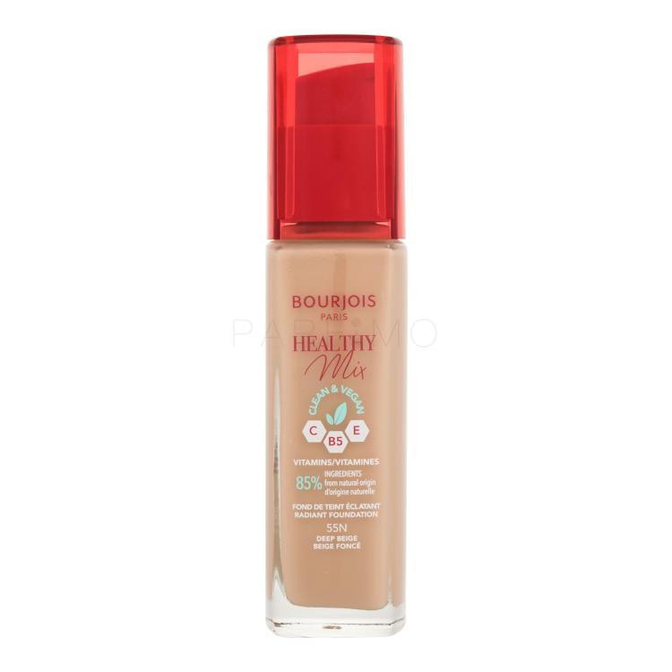 BOURJOIS Paris Healthy Mix Clean &amp; Vegan Radiant Foundation Fond de ten pentru femei 30 ml Nuanţă 55N Deep Beige