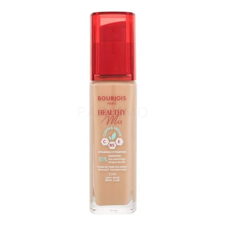 BOURJOIS Paris Healthy Mix Clean &amp; Vegan Radiant Foundation Fond de ten pentru femei 30 ml Nuanţă 53W Light Beige