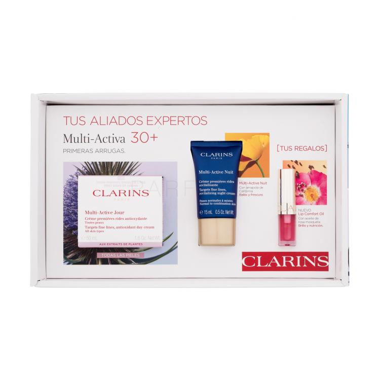 Clarins Multi-Active Gift Set 30+ All Skin Types Set cadou Cremă de zi pentru față Multi-Active 50 ml + cremă de noapte Multi-Active 15 ml + ulei de buze Lip Comfort Oil 1,4 ml