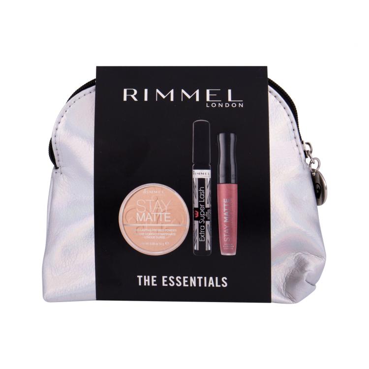 Rimmel London Extra Super Lash Set cadou Mascara Extra Super Lash 8 ml + Pudra Stay Matte 14 g 001 Transparent + ruj Stay Matte 5,5 ml 110 Blush + geantă cosmetică Ambalaj deteriorat