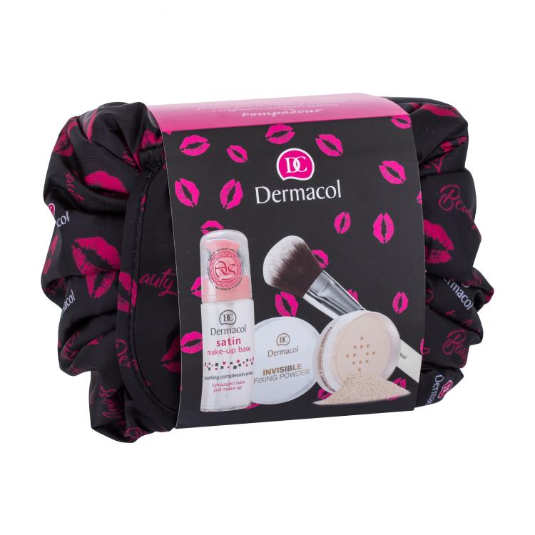 Dermacol Satin Set cadou bază de machiaj 30 ml + pudra de fixare invizibilă 13 g Light + Master periuta cosmetică 1 buc + geantă cosmetică Ambalaj deteriorat