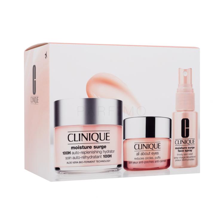 Clinique Moisture Surge Ultra Hydration Travel Exclusive Set cadou Cremă de zi Moisture Surge 100H Auto-Replenishing Hydrator 125 ml + spray facial Moisture Surge Face Spray Thirsty Skin Relief 30 ml + cremă de ochi All About Eyes 15 ml
