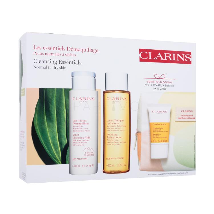 Clarins Cleansing Essentials Set cadou Loțiune demachiantă Velvet Cleansing Milk 200 ml + loțiune tonică Hydrating Toning Lotion 200 ml + exfoliant Nourishing Oil Scrub 15 ml + geantă cosmetică