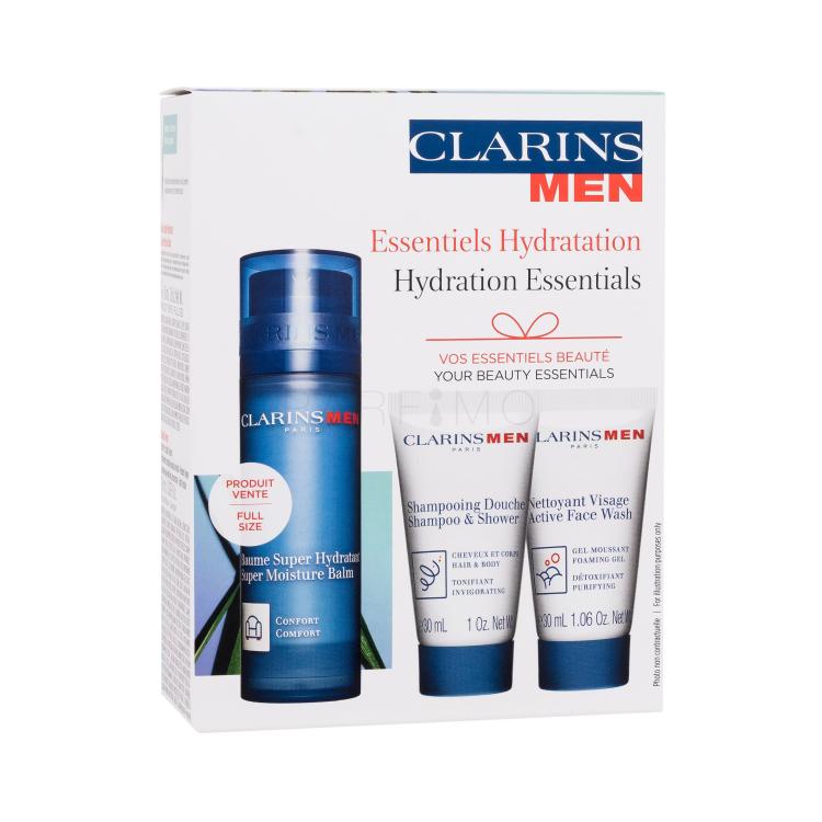 Clarins Men Hydration Essentials Set cadou Balsam pentru față Men Super Moisture Balm 50 ml + șampon Men Shampoo &amp; Shower 30 ml + gel de curățare Men Active Face Wash 30 ml + ser pentru ochi Double Serum Eye 0,9 ml