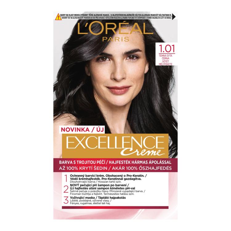 L&#039;Oréal Paris Excellence Creme Triple Protection Vopsea de păr pentru femei 48 ml Nuanţă 1,01 Dark Deep Black