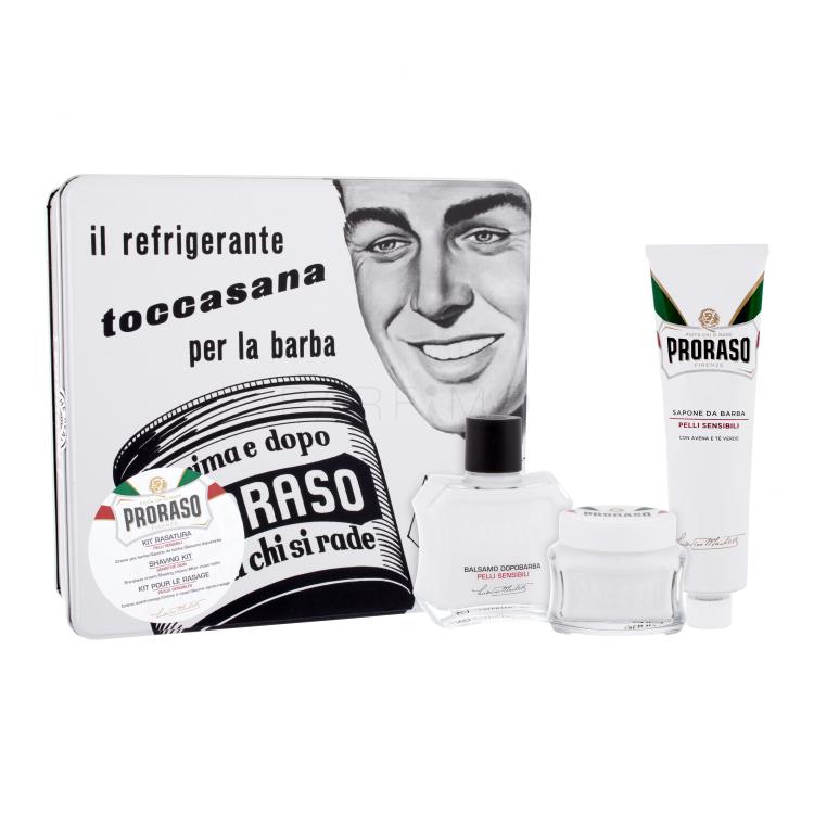 PRORASO White Set cadou balsam după bărbierit White 100 ml + cremă inainte de barbierit White 100 ml + cremă de ras White 150 ml + cutie de metal Cutie cu defect