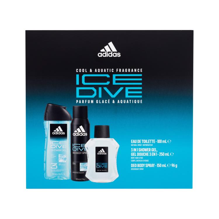 Adidas Ice Dive Set cadou Apă de toaletă 100 ml + deodorant 150 ml + gel de duș 250 ml Cutie cu defect