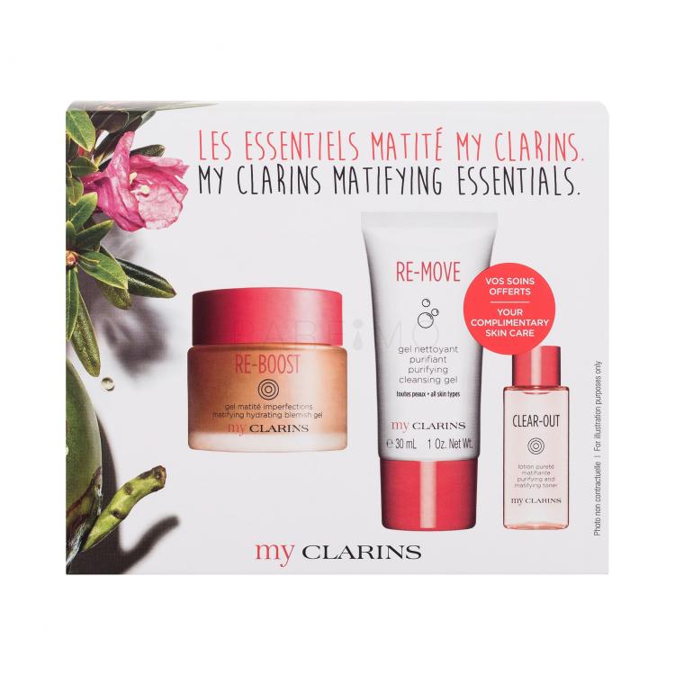 Clarins My Clarins Matifying Essentials Set cadou Gel de fata Re-Boost Matifying Hydrating Blemish Gel 50 ml + gel de curatare My Clarins Re-Move Purifying Cleansing Gel 30 ml + lotiune faciala Clear-Out Purifying and Matifying Toner 10 ml