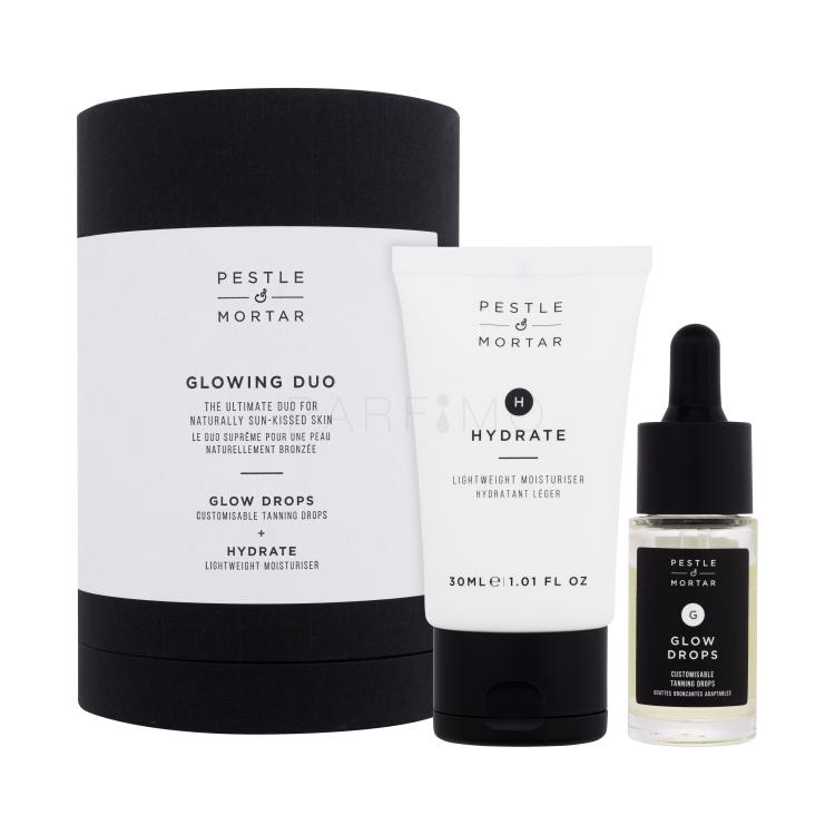 Pestle &amp; Mortar Glowing Duo Set cadou Ser facial autobronzant Glow Drops 15 ml + crema de fata hidratanta Hydrate Lightweight Moisturiser 30 ml