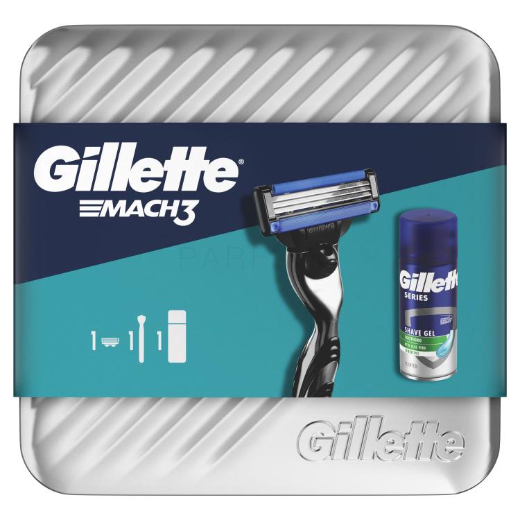 Gillette Mach3 Set cadou Aparat de ras 1 buc + gel de ras Soothing With Aloe Vera Sensitive 75 ml + cutie de metal