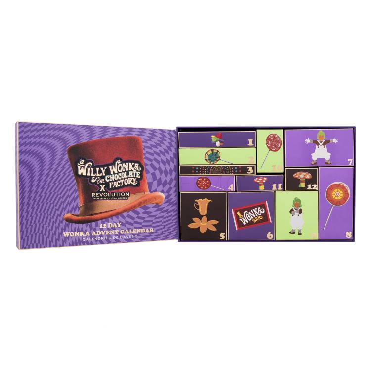 Makeup Revolution London Willy Wonka &amp; The Chocolate Factory Advent Calendar Set cadou Luciu de buze 2 buc + tus de ochi 1 buc + servetele matifiante 1 pachet + fard de obraz 1 buc + bronzer 1 buc + dischete de ochi 1 pereche + paletă de farduri de ochi 1 buc + burete de machiaj 1 buc + ruj 1 buc + 