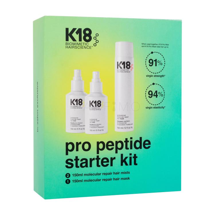 K18 Molecular Repair Pro Peptide Starter Kit Set cadou Spray de păr fără clătire Professional Molecular Repair Hair Mist 2x150 ml + mască de păr Professional Molecular Repair Hair Mask 150 ml Cutie cu defect