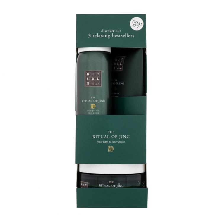Rituals The Ritual Of Jing 3 Relaxing Bestsellers Set cadou Spumă de duș 50 ml + cremă de corp 70 ml + scrub de corp 125 g Cutie cu defect