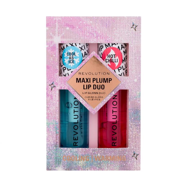 Makeup Revolution London Maxi Plump Lip Duo Set cadou Luciu de buze Maxi Plump Pout Bomb Cool As Ice 6 ml + luciu de buze Maxi Plump Pout Bomb Hot As Chilli 6 ml