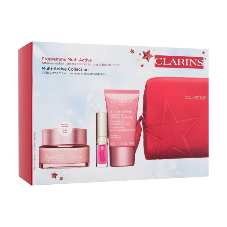 Clarins Multi-Active Collection Set cadou Cremă de față de zi Multi-Active Day Cream 50 ml + cremă de față de noapte Multi-Active Nuit Cream 15 ml + luciu de buze Lip Comfort Oil 1,4 ml 04 Pitaya + ser pentru față Double Serum 0,9 ml + trusă cosmetică