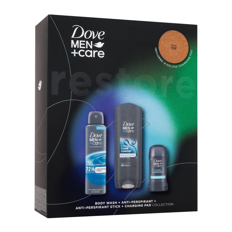 Dove Men + Care Clean Comfort Set cadou Gel de duș Men Care Clean Comfort 250 ml + antiperspirant spray Men Care Clean Comfort 72H 150 ml + antiperspirant solid Men Care Clean Comfort 48H 50 ml + suport de încărcare wireless
