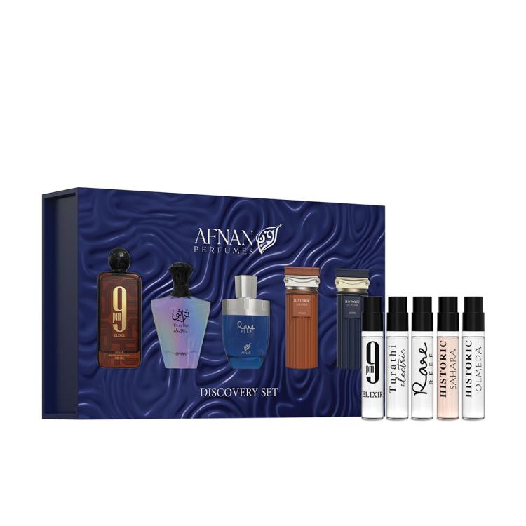 Afnan Discovery Set Set cadou parfum 9 pm Elixir 2 ml + extract de parfum Rare Reef 2 ml + extract de parfum Historic Sahara 2 ml + EDP Turathi Electric 2 ml + EDP Historic Olmeda 2 ml