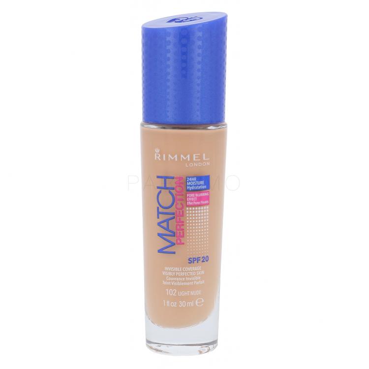 Rimmel London Match Perfection SPF20 Fond de ten pentru femei 30 ml Nuanţă 102 Light Nude