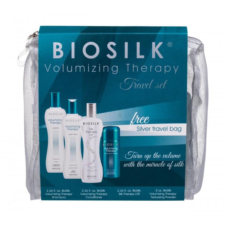 Farouk Systems Biosilk Volumizing Therapy Set cadou Sampon 67 ml + Balsam de par 67 ml + Ser tratament Biosilk Silk Therapy Lite 67 ml + Pudra de par 15 g + Borseta cosmetice