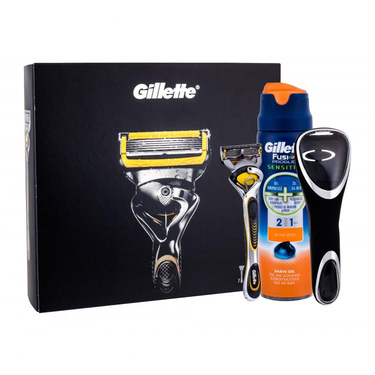 Gillette ProShield Set cadou Aparat de ras 1 buc + Gel de barbierit Fusion Proglide Sensitive Active Sport 170 ml + Étui pentru Aparat de ras 1 buc