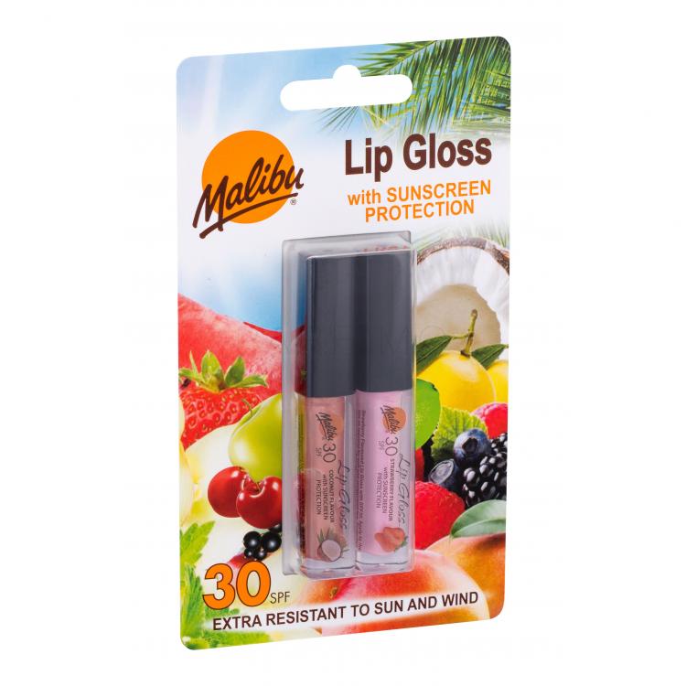 Malibu Lip Gloss SPF30 Set cadou luciu de buze 1,5 ml Coconut + luciu de buze 1,5 ml Strawberry
