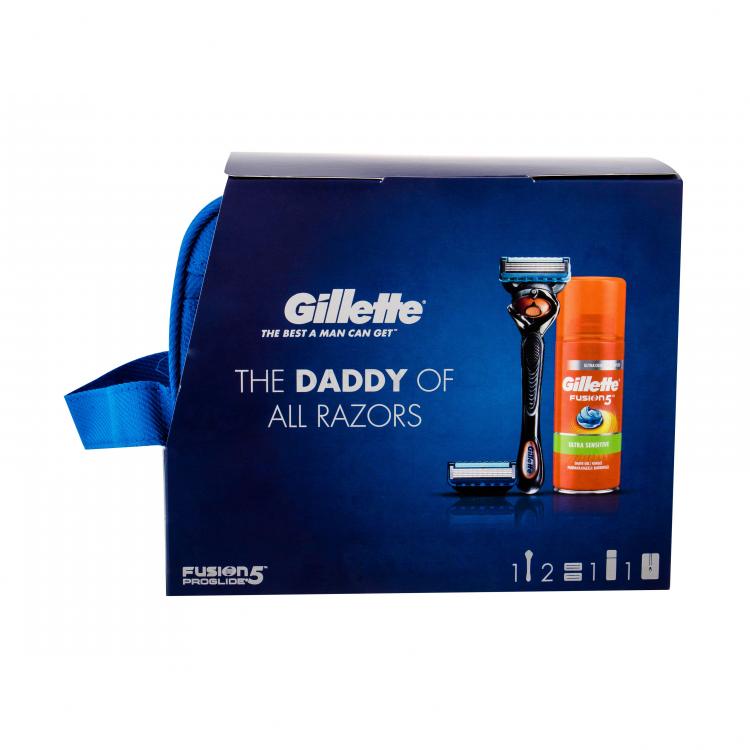 Gillette Fusion Proglide Flexball Set cadou Aparat de ras 1 buc + Rezerve2 buc + Gel de barbierit HydraGel Sensitive 75 ml + Borseta cosmetice