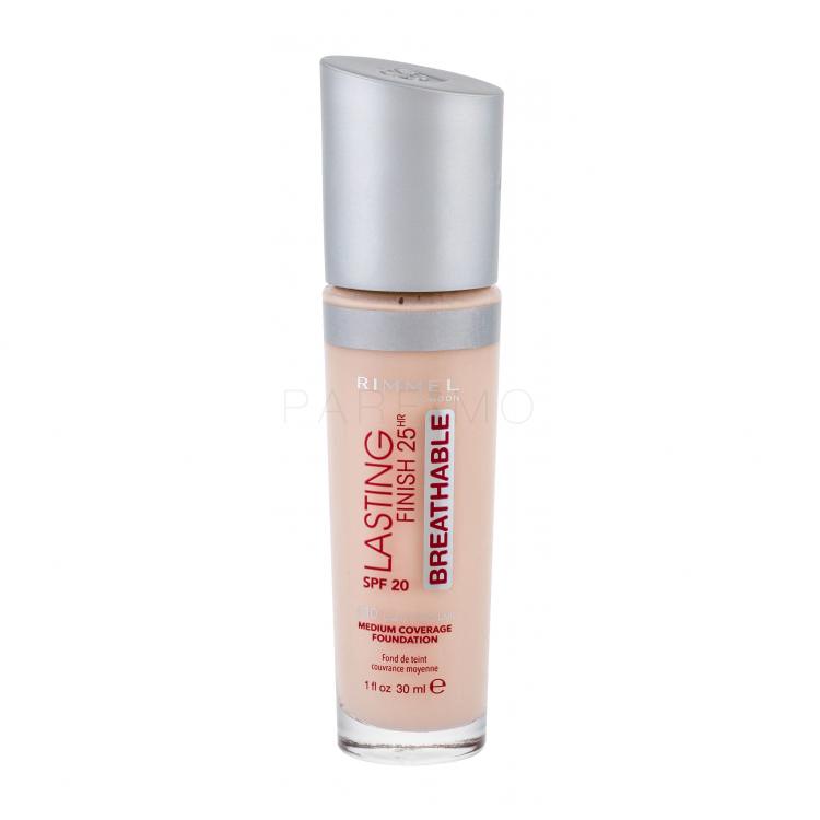 Rimmel London Lasting Finish Breathable 25HR SPF20 Fond de ten pentru femei 30 ml Nuanţă 010 Light Porcelain