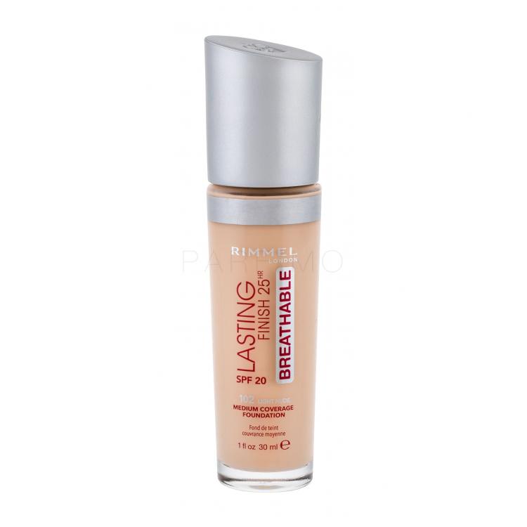 Rimmel London Lasting Finish Breathable 25HR SPF20 Fond de ten pentru femei 30 ml Nuanţă 102 Light Nude