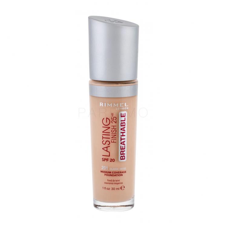 Rimmel London Lasting Finish Breathable 25HR SPF20 Fond de ten pentru femei 30 ml Nuanţă 201 Classic Beige